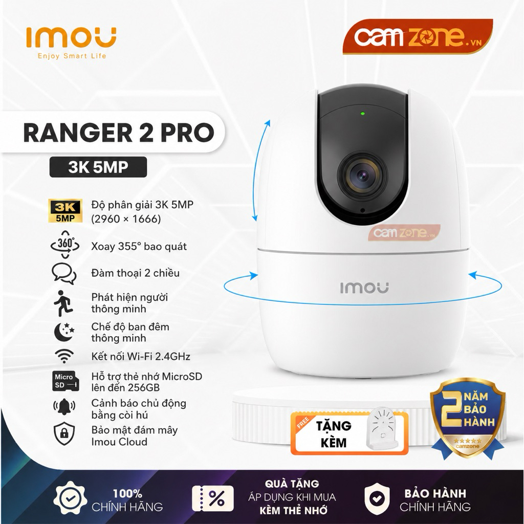 Camera Wifi Trong Nhà IMOU RANGER 2 PRO 2K 3MP/3K 5MP - Siêu Nét, Quay 360,Đàm Thoại, Gọi Nhanh, Đêm