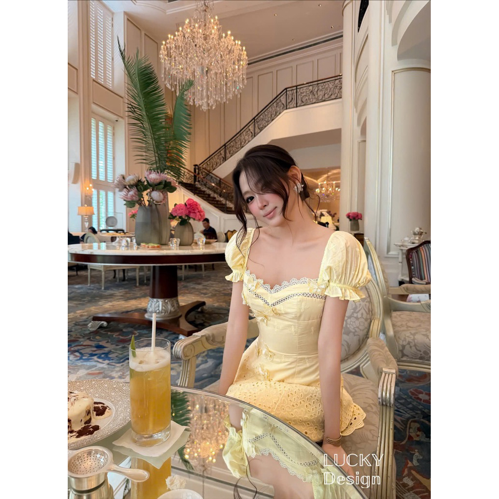 váy baybydoll vàng bơ phối hoa nổi