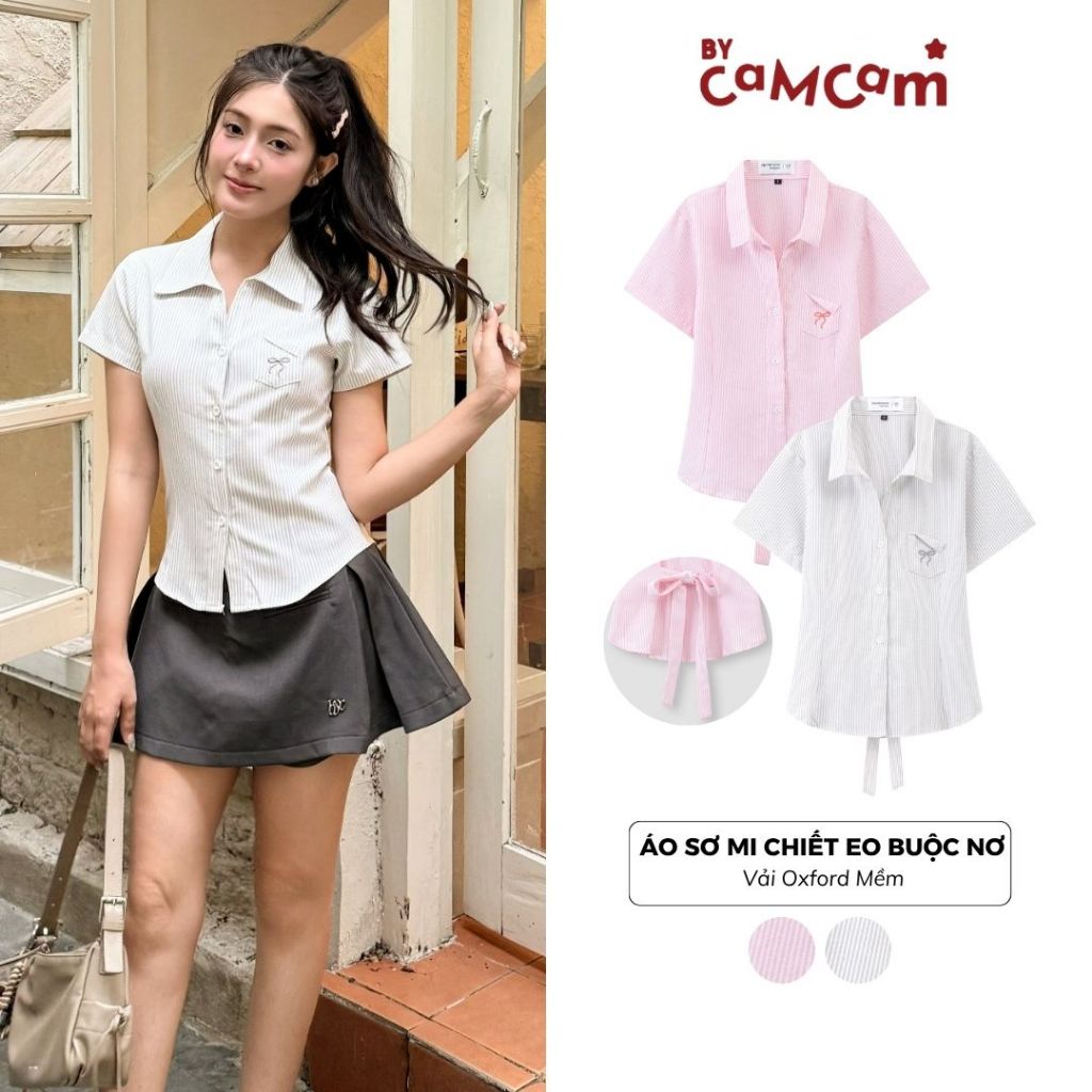 Áo Sơ Mi Chiết Eo 𝑩𝒚𝒄𝒂𝒎𝒄𝒂𝒎 Buộc Nơ Có Túi Ngực Dành Cho Nữ Phong Cách Hàn Quốc AMN004