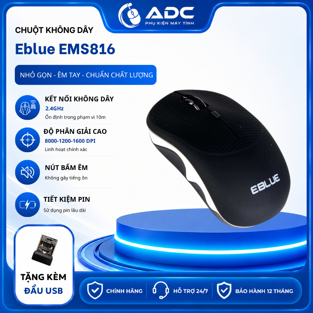 Chuột máy tính không dây EMS816 Eblue - Hàng chính hãng, Bảo hành 12 tháng