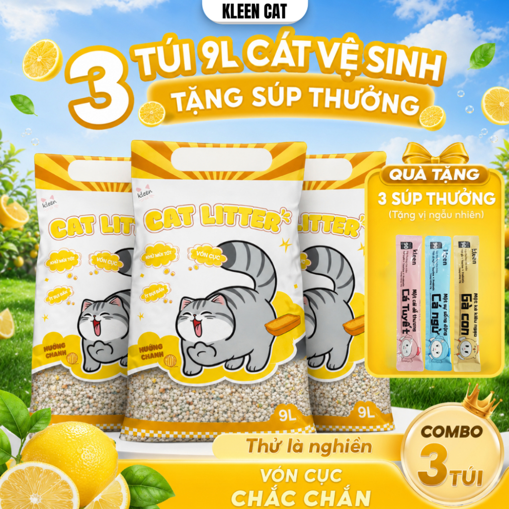 Combo 3 túi Cát Mèo Kleen túi 9l, Cát Vệ Sinh Mèo Kleen Giá Rẻ, Vón Cục Tốt - kleencat3