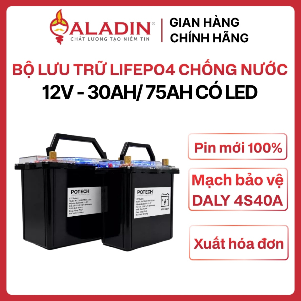 Bộ lưu trữ 12V - 30Ah/ 75Ah 32140 chống nước có led báo pin tích hợp dùng lưu trữ, kích Inverter - B