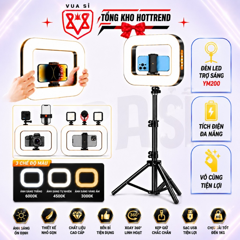 Đèn Led VUASI YM200 Trợ Sáng Vòng Cầm Tay Chụp Ảnh Livestream - 3 Chế Độ Sáng Tiện Lợi Tích Điện
