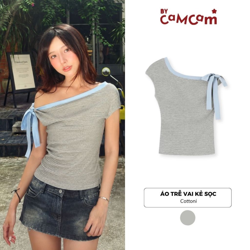 Áo Trễ Vai Kẻ Sọc 𝑩𝒚𝒄𝒂𝒎𝒄𝒂𝒎 Thiết Kế Phối Dây Buộc Nơ Nữ Tính Phong Cách Hàn Quốc AKN030 | BigBuy360 - bigbuy360.vn