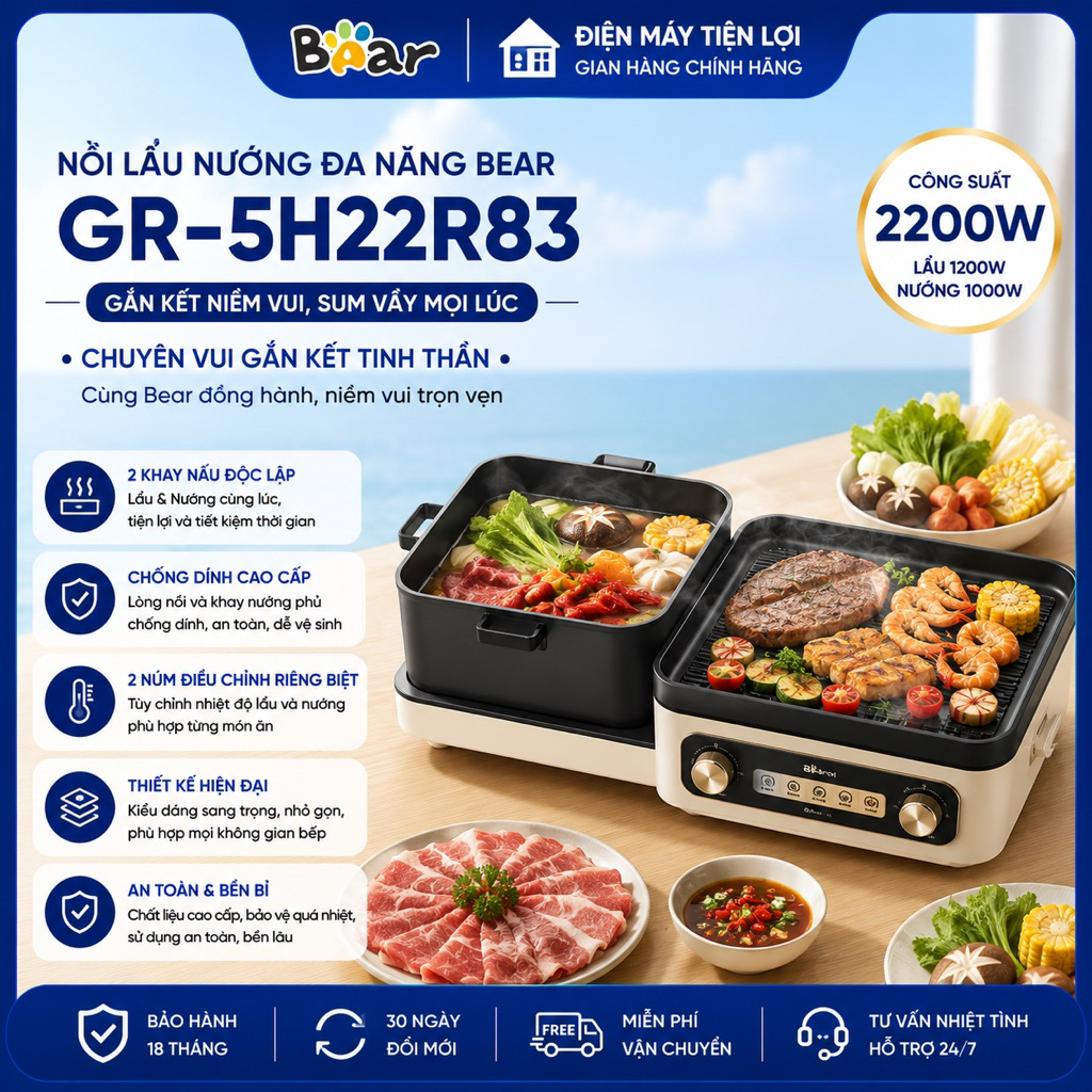 Nồi lẩu nướng đa năng Bear GR-5H22R83  - Bảo hành 18 tháng và sử dụng 30 ngày có lỗi đổi mới