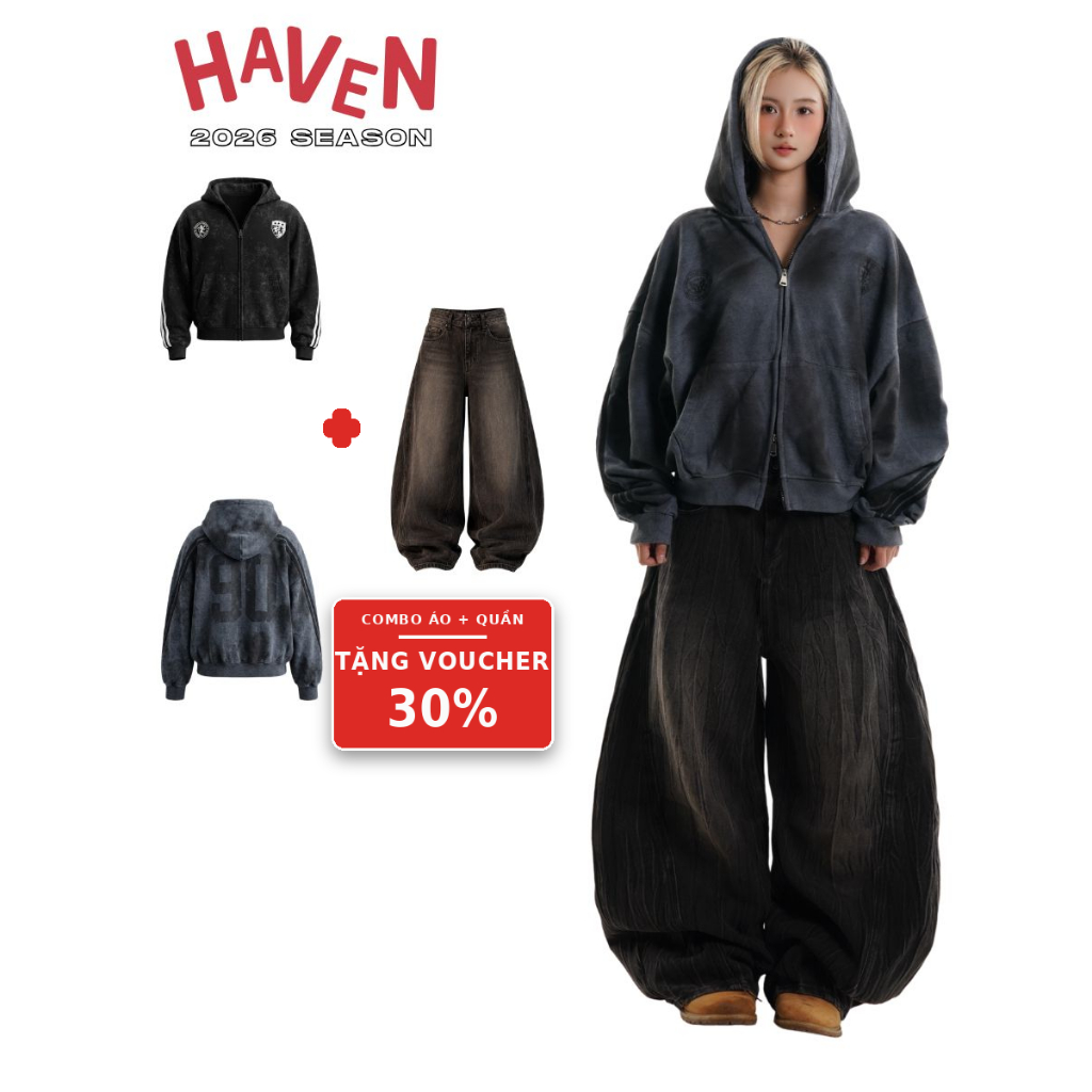 Áo Khoác Hoodie Wash Sọc Haven Studio nam nữ form boxy