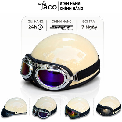 Mũ Bảo Hiểm 1/2 Màu Sữa Bóng Kính Phi Công TACO , Nón Bảo Hiểm Nửa Đầu Cao Cấp – Bảo hành 12 Tháng
