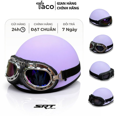 Nón Bảo Hiểm Phượt Nửa Đầu Màu Tím Có Kính Phi Công, Mũ Bảo Hiểm 1/2 TACO Cao Cấp – Bảo hành 12 Tháng