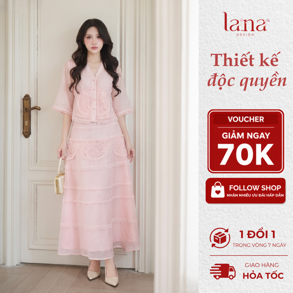 LA.NA DESIGN Set váy Hồng Nhiên thiết kế màu hồng cổ V phối họa tiết ren độc quyền phù hợp đi cafe, 