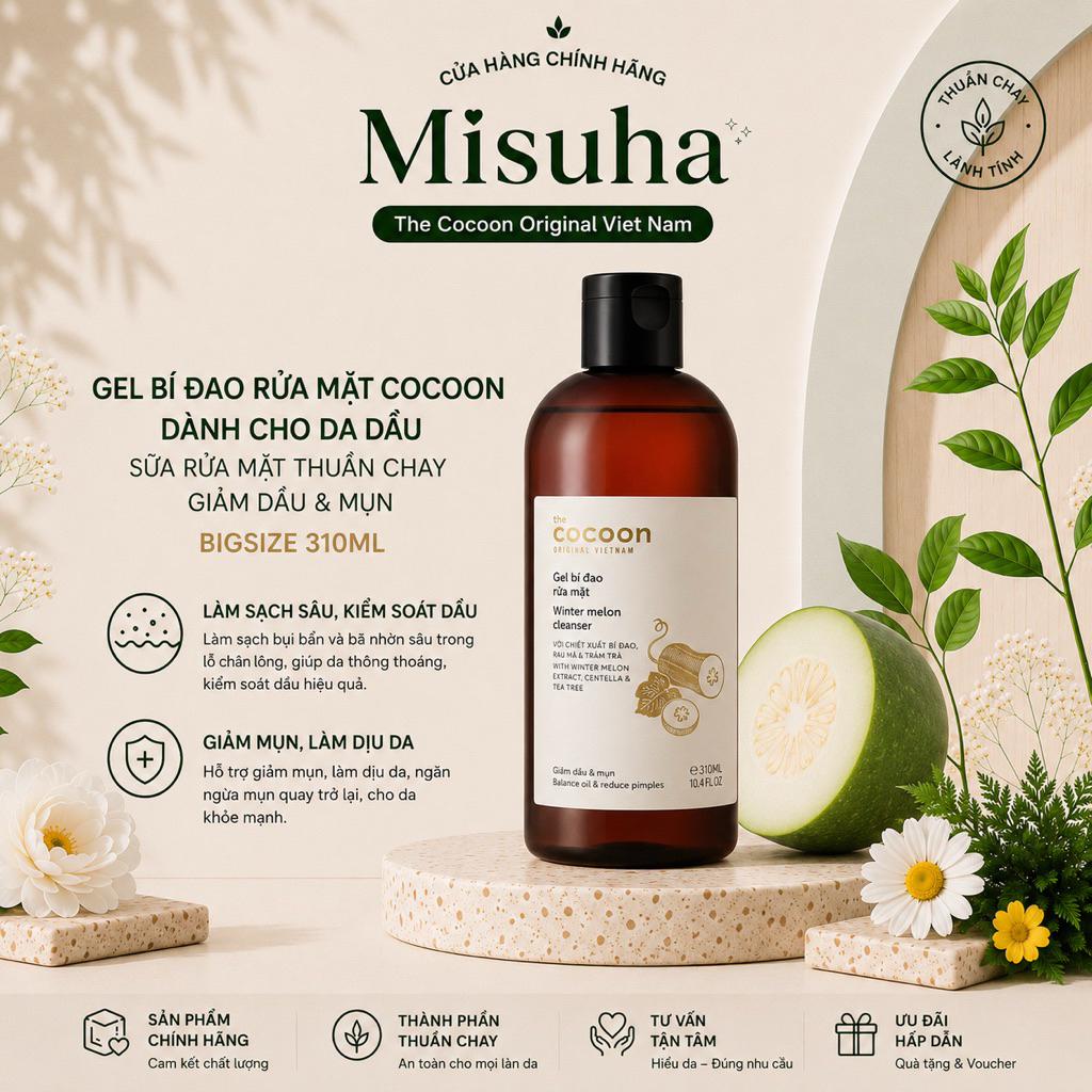 Gel bí đao rửa mặt Cocoon dành cho da dầu  sữa rửa mặt thuần chay giảm dầu & mụn BIGSIZE 310ml