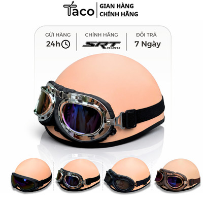 Nón Bảo Hiểm Phượt Nửa Đầu Màu Hồng Trà Có Kính Phi Công, Mũ Bảo Hiểm 1/2 TACO Cao Cấp – Bảo hành 12 Tháng