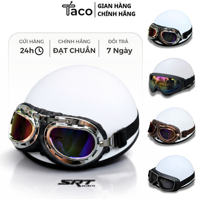 Nón Bảo Hiểm Phượt Nửa Đầu Màu Trắng Nhám Cao Cấp Có Kính Phi Công, TACO Ép Nhiệt Viền Lưới – Bảo Hành 12 Tháng