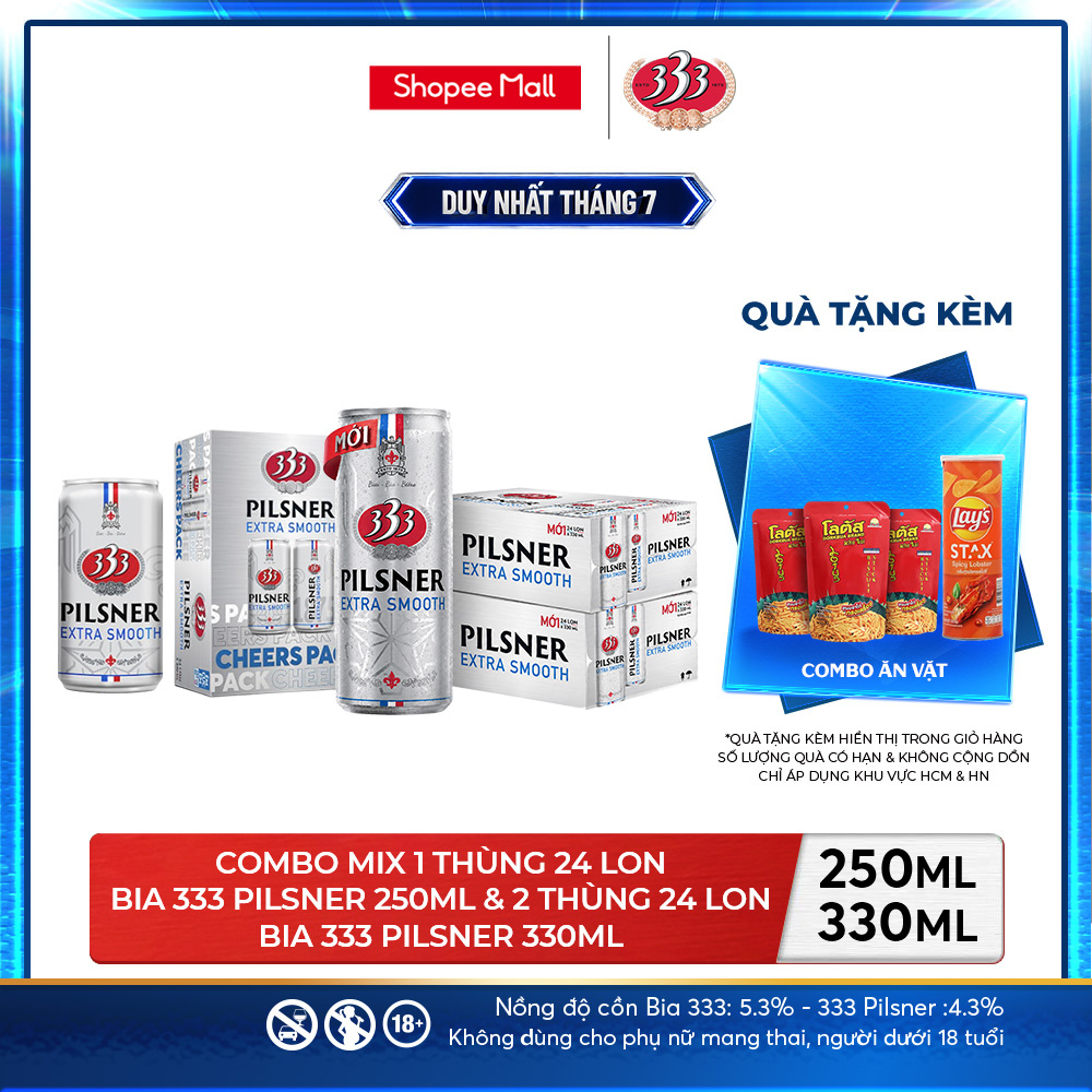 [HỎA TỐC HCM] Combo Nồng độ  4.3% - 1 Thùng 24 Bia 333 Pilsner 250ml & Nồng độ 4.3% - 2 Thùng  24 Bi