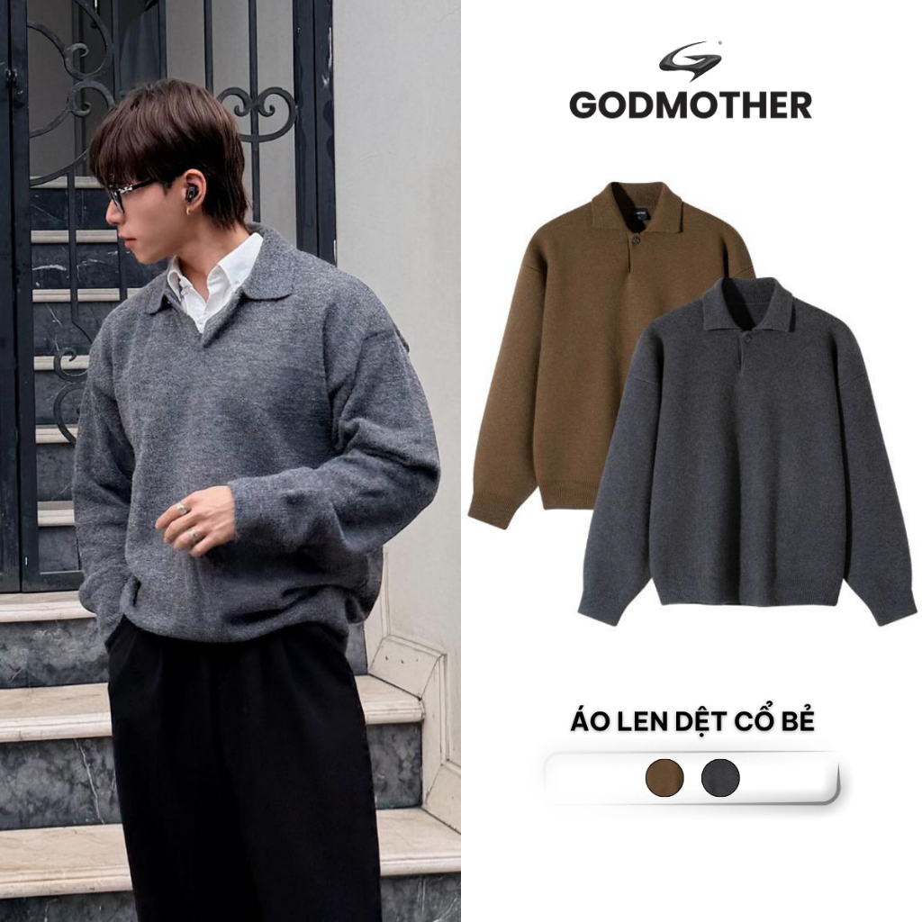 Áo Len Dệt Kim Thu Đông GODMOTHER Cổ Bẻ Form Rộng