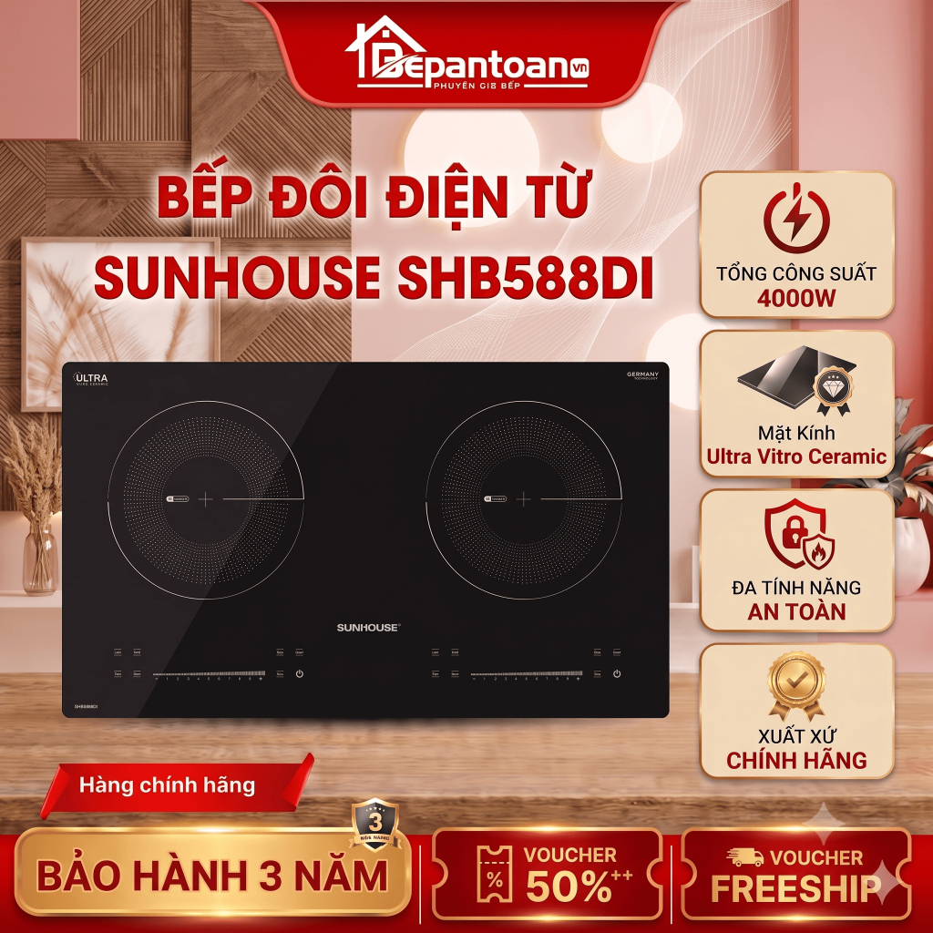 Bếp Đôi Điện Từ Sunhouse SHB588DI 4000W - Bếp Từ Âm 2 Vùng Nấu, Mặt Kính Ultra Vitro Ceramic, Booste