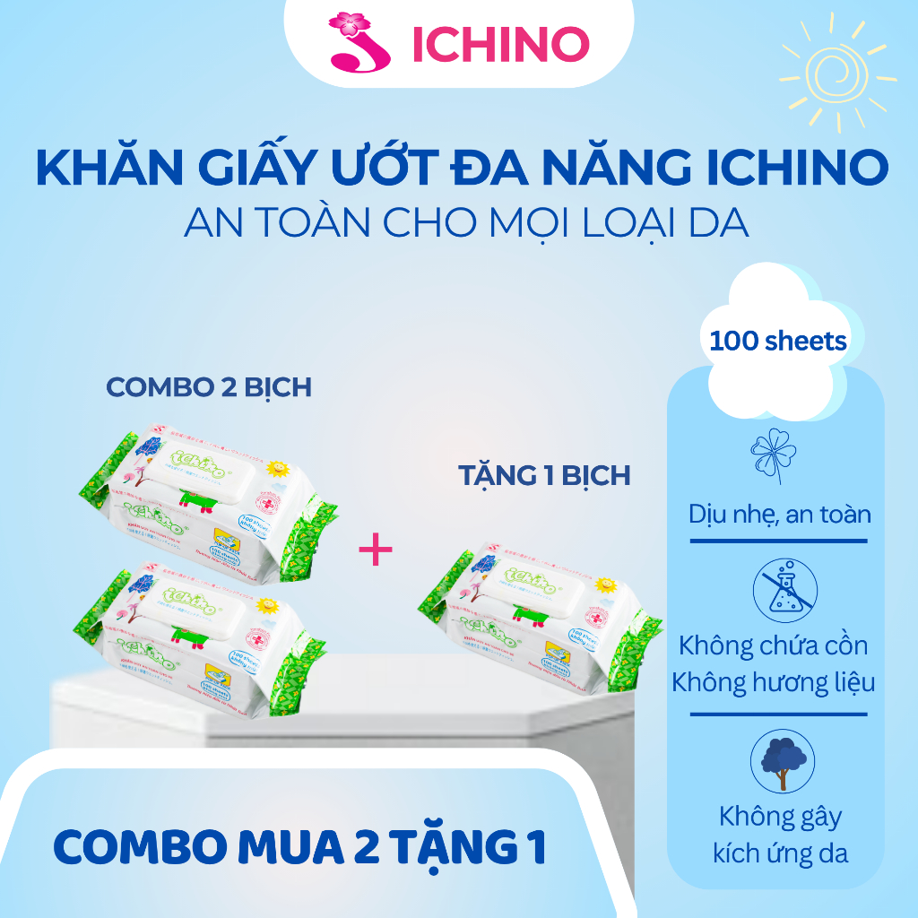 [COMBO 2 GÓI TẶNG 1 GÓI] Khăn Giấy Ướt ICHINO 100 Tờ, Vải Không Dệt, Không Cồn, Không Paraben, Không