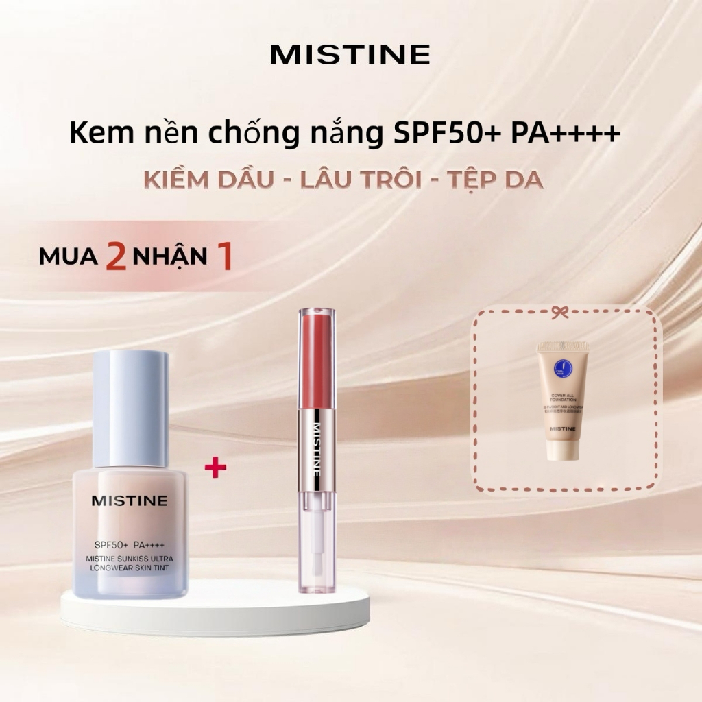Kem nền chống nắng MISTINE SPF50 + PA + + + + 30g + Son môi hai đầu MISTINE LIP DUO 3g [TẶNG] Kem nề