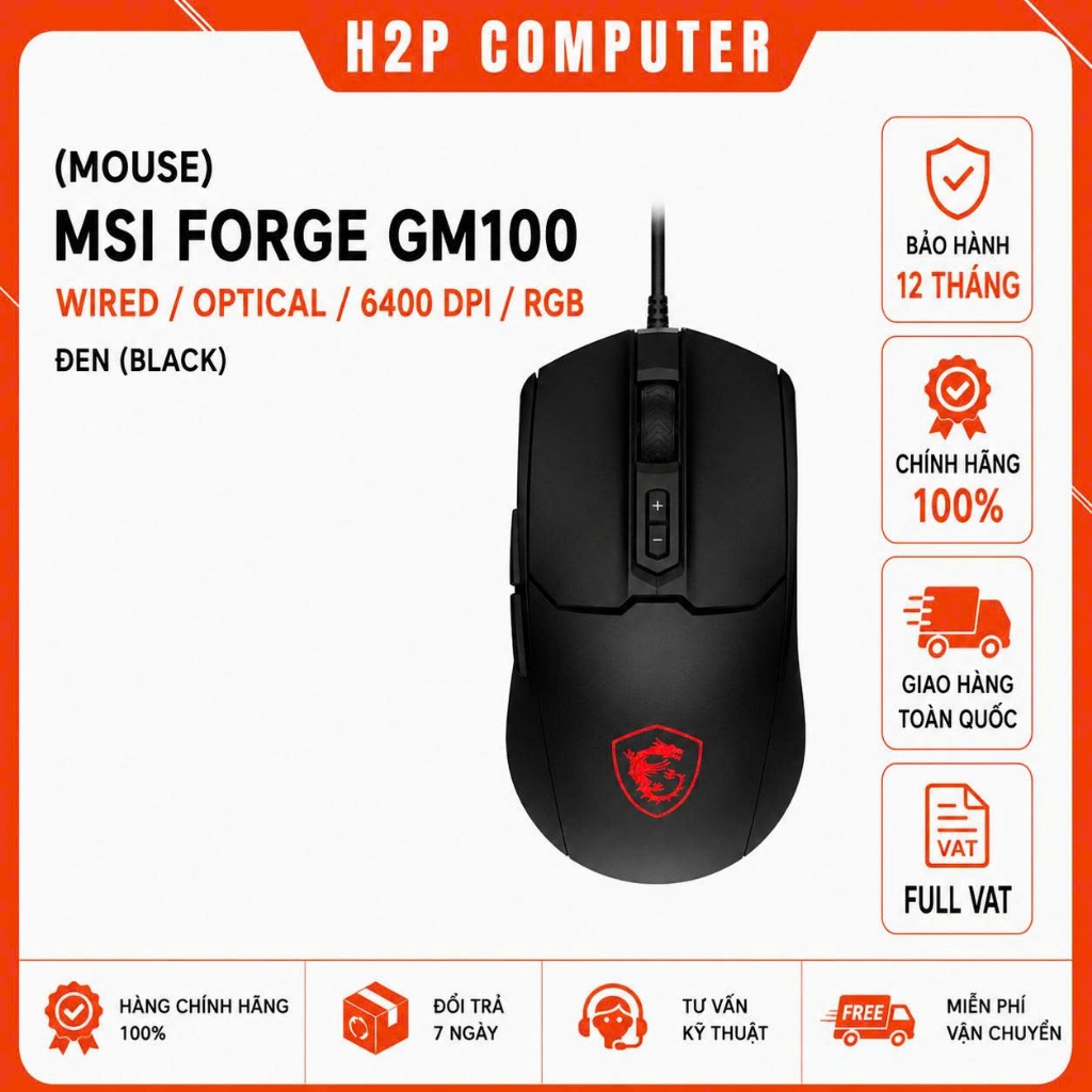 Chuột Gaming có dây MSI FORGE GM100 6400DPI LED RGB thiết kế đối xứng - Chính hãng 12T