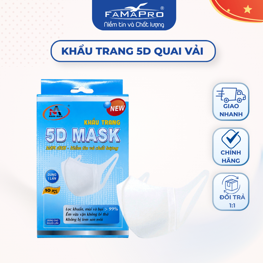 [COMBO 5D] Khẩu trang 5D quai vải 3 lớp Famapro Nam Anh hộp 10 cái