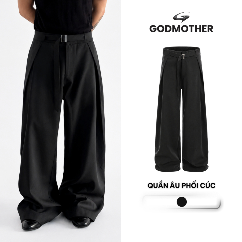 Quần Âu Phối Cúc GODMOTHER Quần Ống Rộng Phong Cách Hàn Quốc Hiện Đại