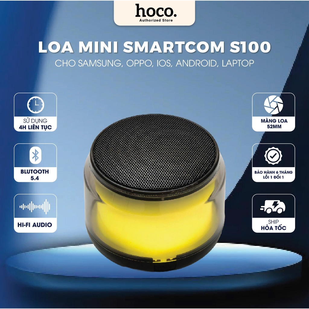 Loa Bluetooth mini siêu nhẹ S100 Smartcom - Loa cao cấp có đèn sáng, giá rẻ