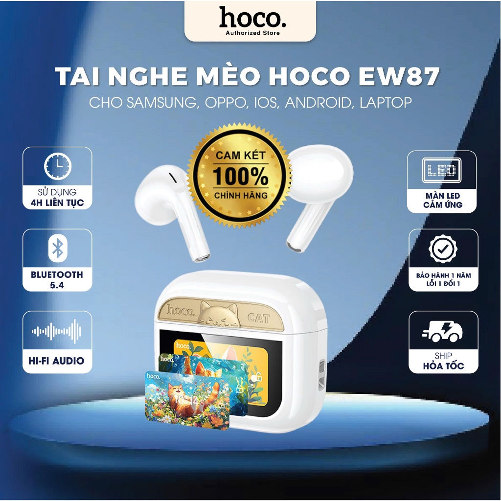 Tai nghe nhét tai Hoco EW88 logo Mèo cute có màn hình cảm ứng đa chức năng - Tai nghe bluetooth chín