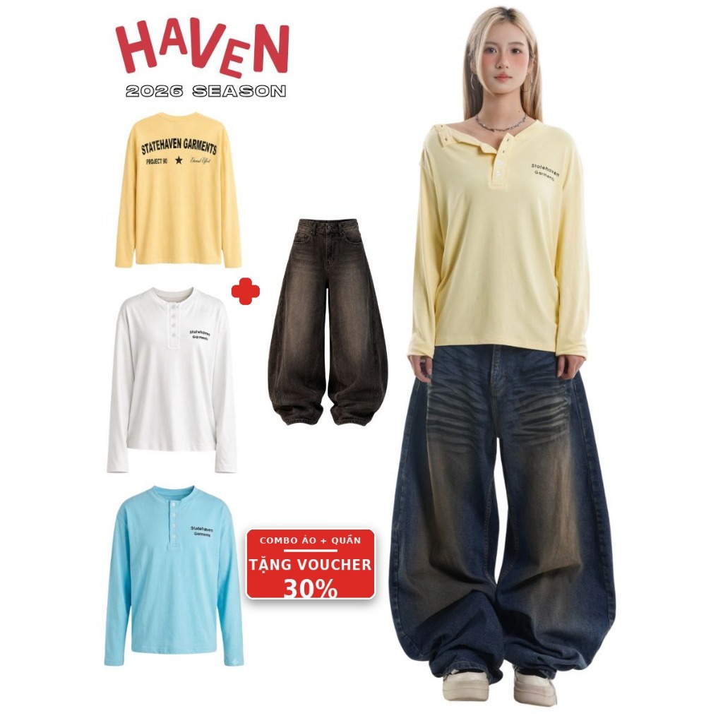 Áo thun cúc vai Cotton Signature Button Nam Nữ Form Rộng Nam nữ Haven Studio