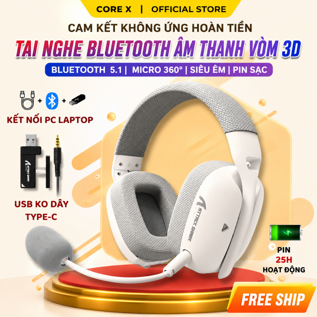 Tai Nghe Bluetooth Chụp Tai Không Dây Headphone Attack Shark L80 Âm Bass 3D Chơi Game Giải Trí