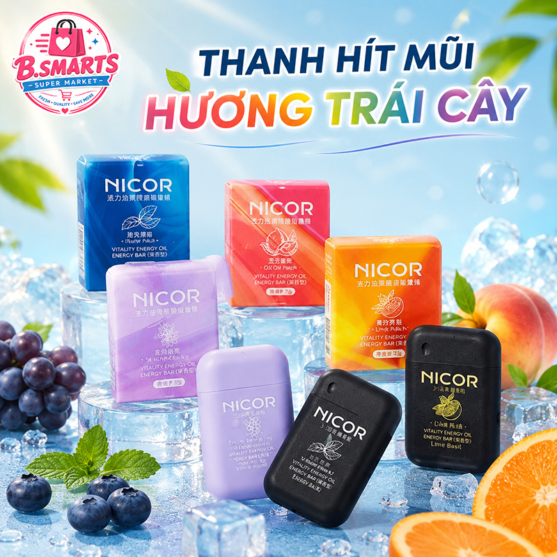Thanh Tinh Dầu Hít Mũi Hai Đầu Nicor Hương Thơm Trái Cây, Ống Hít Thơm Mũi Giúp Dễ Thở Thơm Mát