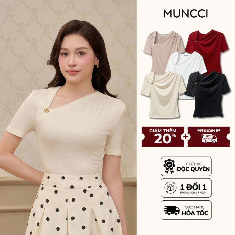 Áo Thun Nữ Cổ Chéo MUNCCI Đính Khuy Vàng Sang Trọng Chất Liệu Thun Hàn Co Giãn 4 Chiều Phong Cách Cô