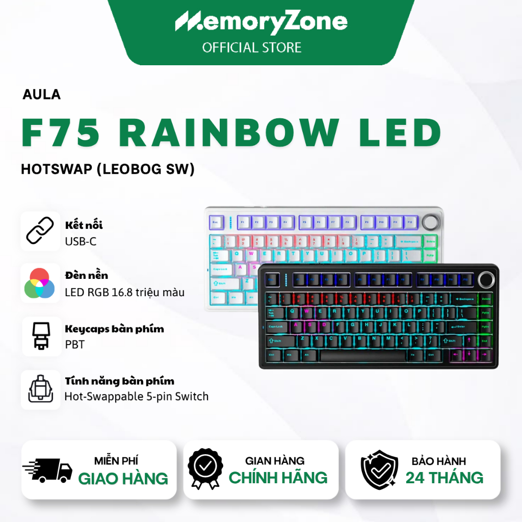 [BẢO HÀNH 24 THÁNG] Bàn phím cơ AULA F75 Rainbow Led Hotswap (Leobog Sw) | BigBuy360 - bigbuy360.vn