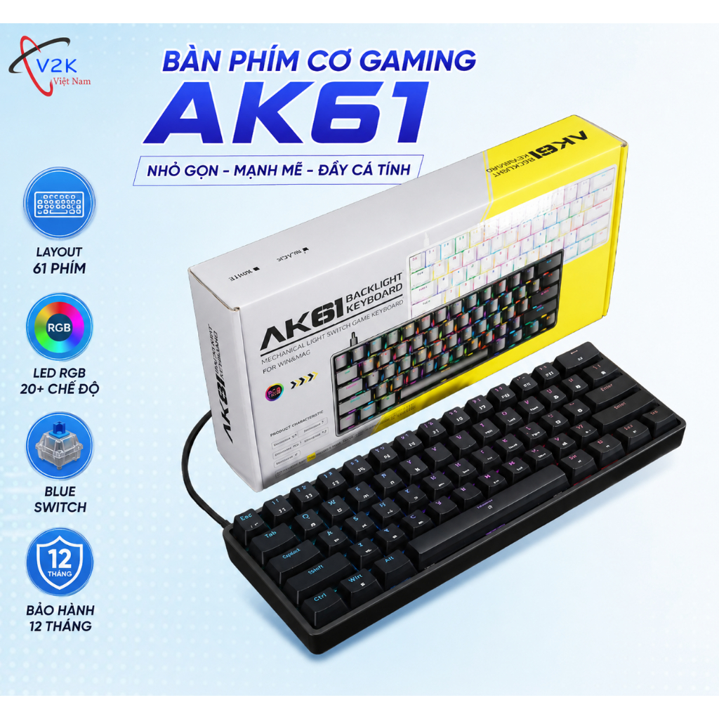 Bàn Phím Cơ Gaming AK61, Layout 61 phím, Led RGB 20+ chế độ, Blue Switch , BH 12 Tháng