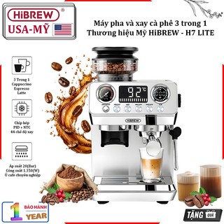 Máy pha và xay cà phê bán tự động 3 trong 1 với 44 chế độ xay, Espresso, Cappuccino, Latte. Thương hiệu HiBREW - H7 LITE