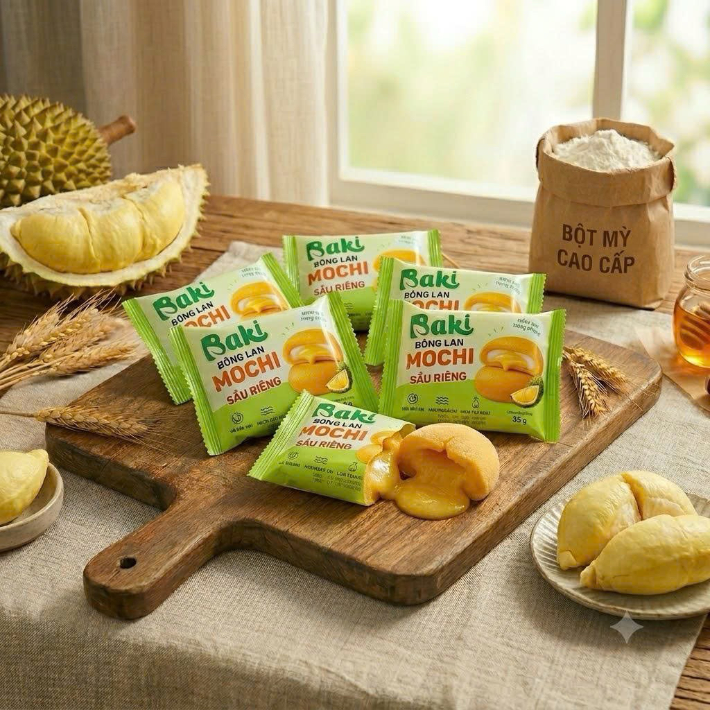 Bánh bông lan mochi sầu riêng thơm ngon dinh dưỡng healthy, ăn vặt bữa phụ Baki Food-bánh kẹo A Leaf