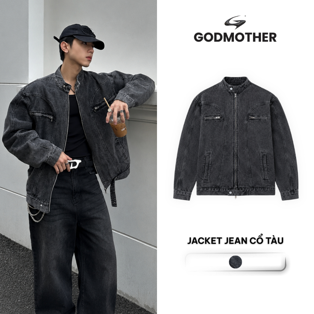 Áo Khoác Jacket Jean GODMOTHER Form Rộng Áo Khoác Denim Cổ Tàu Basic Phối Khoá Kéo Ngực Menswear | BigBuy360 - bigbuy360.vn
