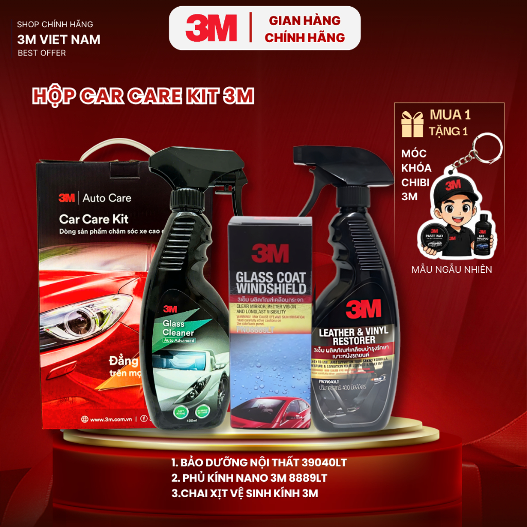 [HỘP DIY 3M] Vệ sính kính, Phủ Nano và Bảo Dưỡng Nội Thất xe Ôtô 3M - Tặng Móc Khóa 3M