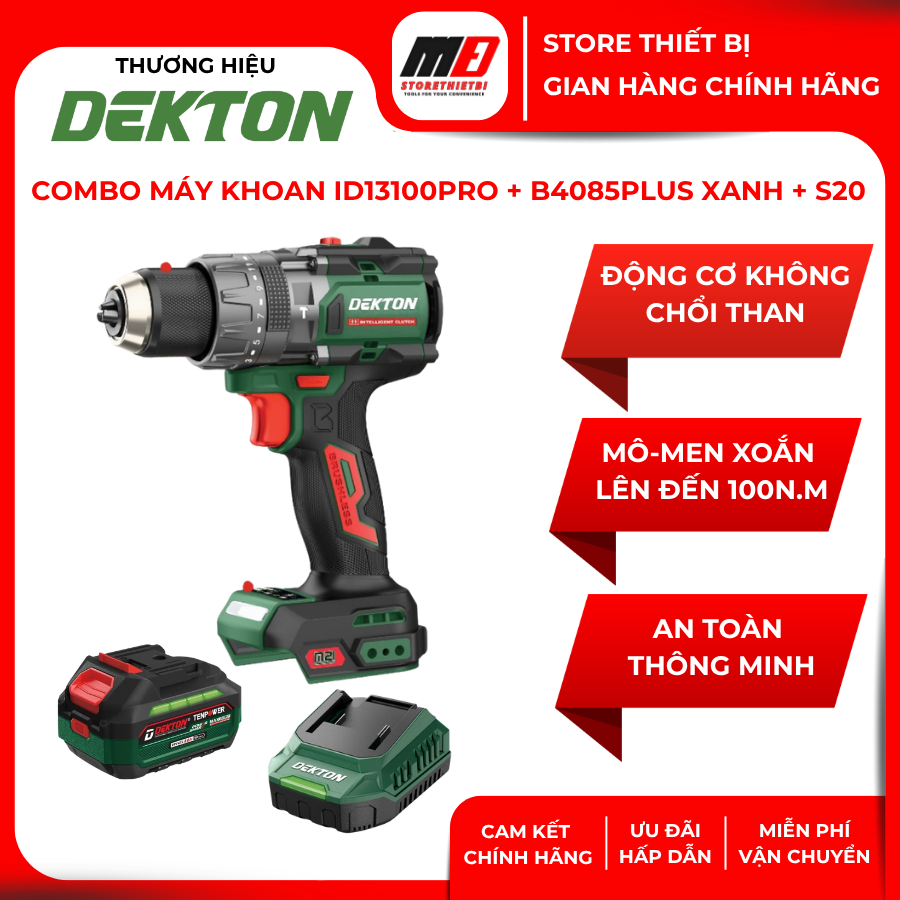 Combo Máy Khoan Pin DEKTON M21-ID13100PRO 13mm Brushless Kèm Pin B4085PLUS 4.0Ah Và Sạc S20 2A 21V