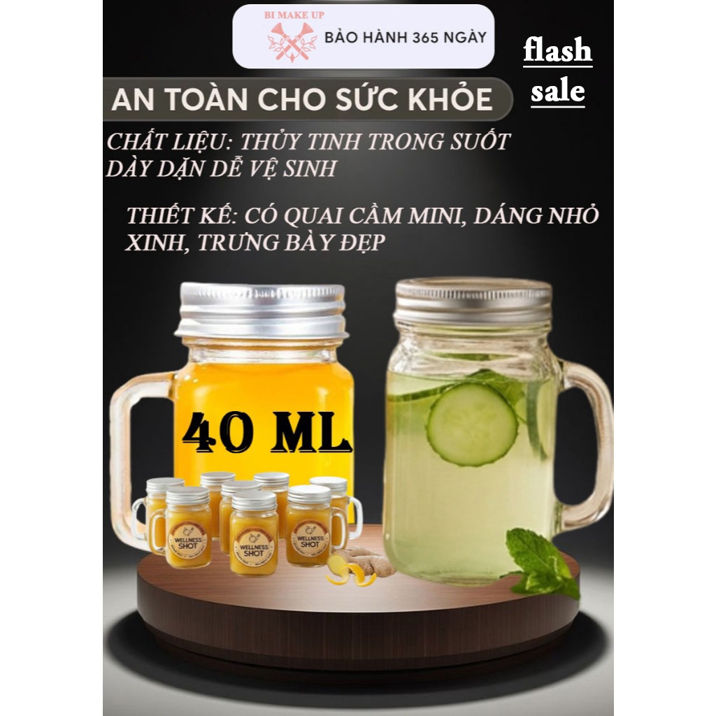 [FLASH SALE] Ly thủy tinh mini 40ml có quai cầm, nắp bạc – đựng espresso, ginger shot, nước ép mini