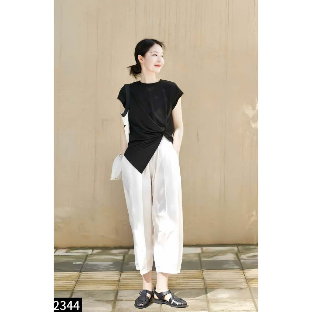 Set áo thun soắn eo phối quần boom 2 màu A2343
