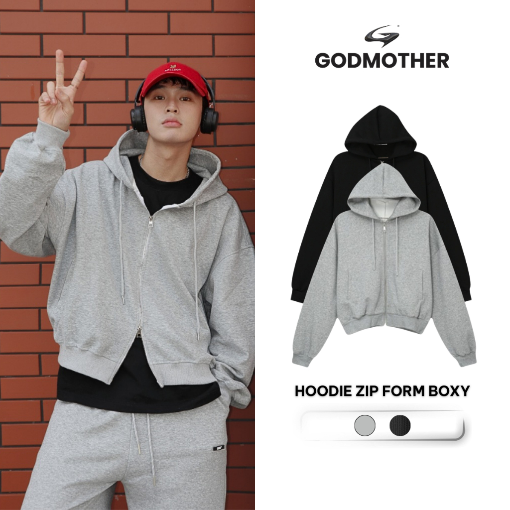 Hoodie Zip Form Boxy GODMOTHER Nỉ 2 Da Khóa 2 Đầu Chống Nắng Unisex Phong Cách Hàn Quốc Đen - Xám ZIP