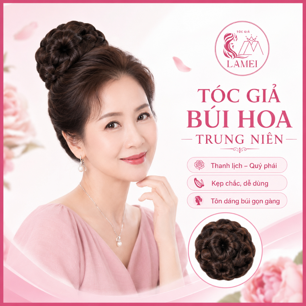 Tóc Giả Búi Hoa Trung Niên Cao Cấp Lamei