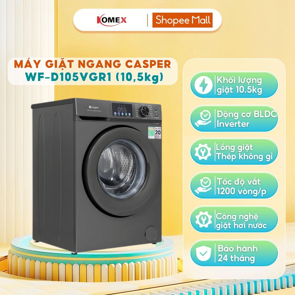 [Inverter] Máy giặt Casper ProWash Inverter WF-D105VGR1 (10,5kg), WF-D125VGR1 (12,5kg), Chính hãng, 
