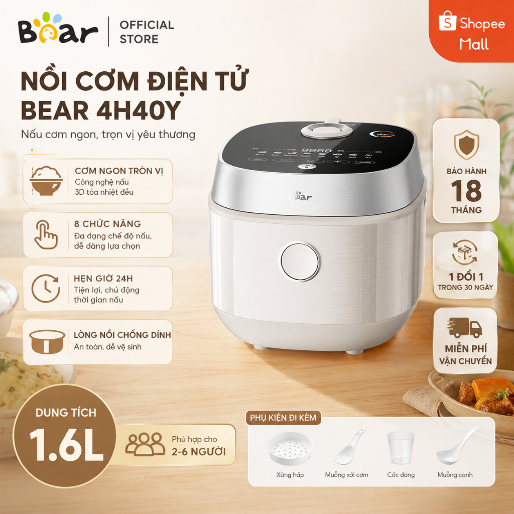 [Tặng bộ dao] Nồi cơm điện Bear RC-4H40Y 4L tiếng Việt, lõi gang Ceramic Pro 9H, cảm ứng điện tử