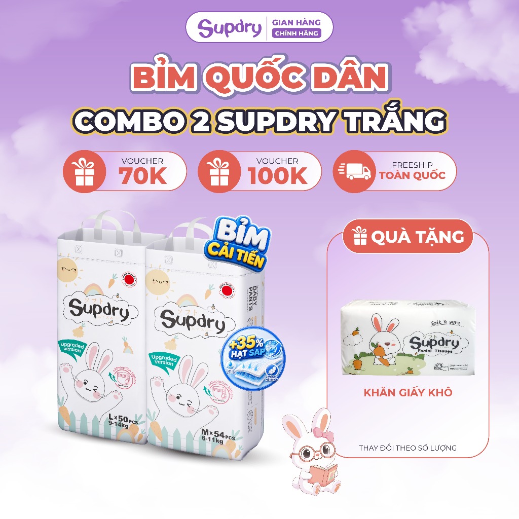 (CÓ QUÀ) COMBO 2 Bịch Tã Bỉm Dán/Quần Supdry, Bỉm Supdry Trắng Mỏng Nhẹ Cho Bé size NB/S/M/L/XL/XXL/