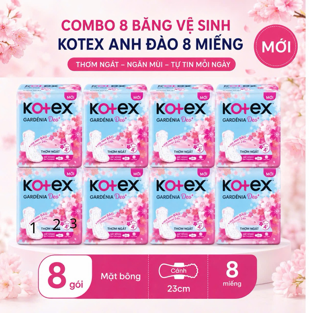 COMBO 8 GÓI BĂNG VỆ SINH KOTEX GARDENIA DEO HƯƠNG ANH ĐÀO 23CM (8 MIẾNG/GÓI)