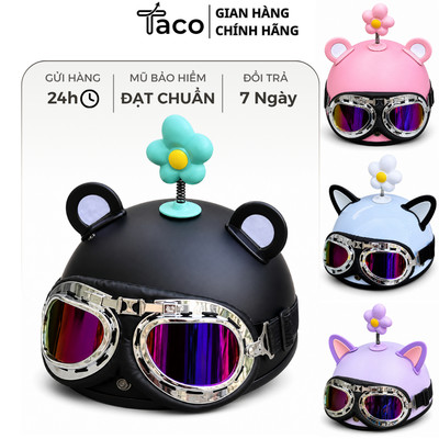 Mũ Bảo Hiểm Nửa Đầu 1/2 Kính Phi Công Kèm Tai, Bông Hoa Trứng Cute - Hàng Chính Hãng SRT