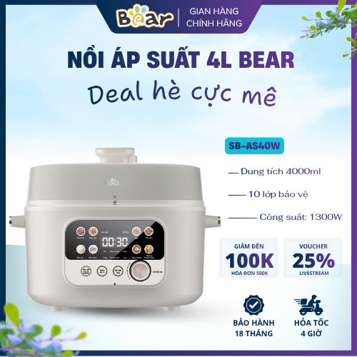 SB-AS40W Nồi Áp Suất Bear 4L 2 Nắp Đa Năng Ninh Hầm Lẩu Công Suất 1300W Nấu Nhanh An Toàn