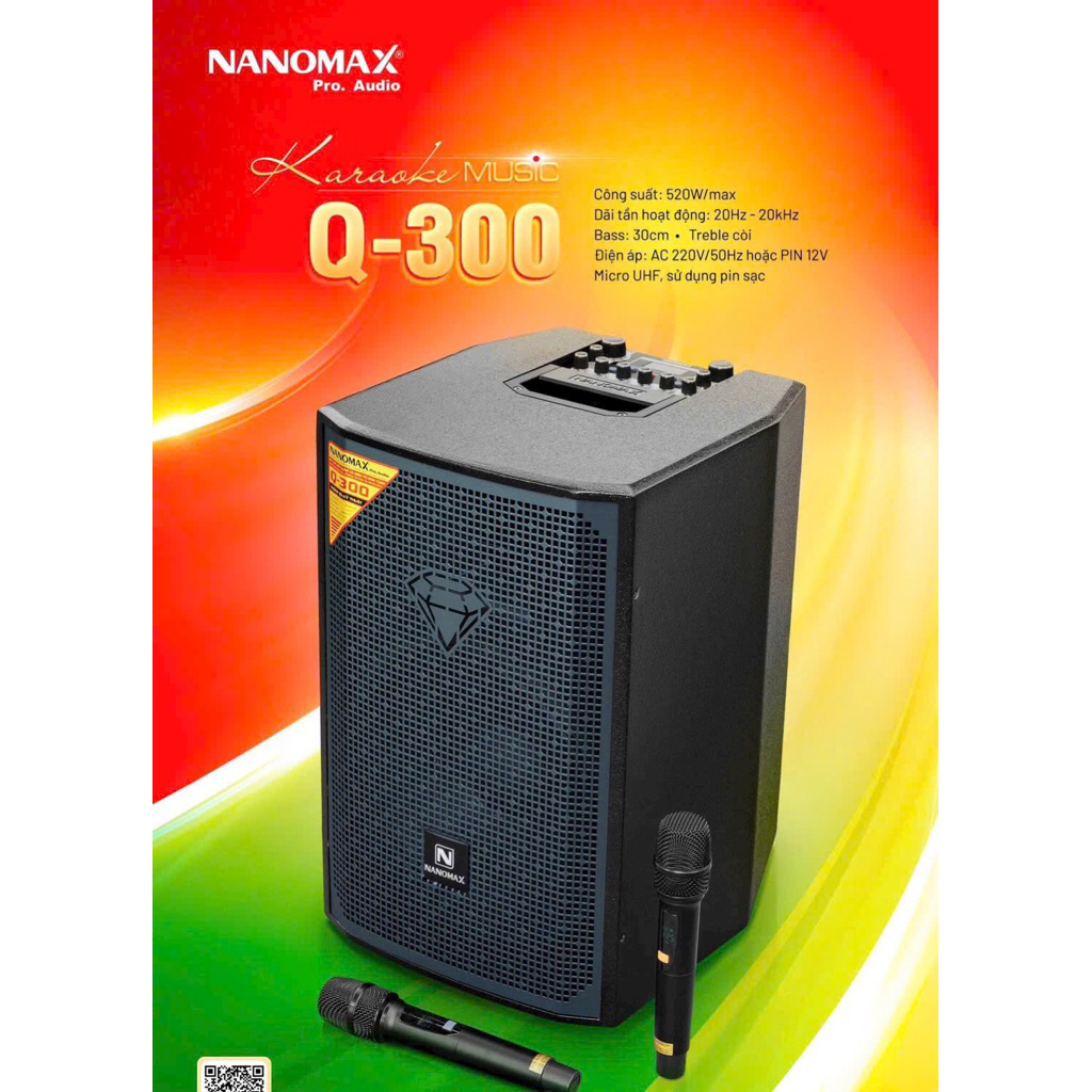 (hỏa tốc) Loa Karaoke Xách Tay Nanomax Q-300 520W. Loa Nanomax chính hãng tặng kèm 2 micro sạc
