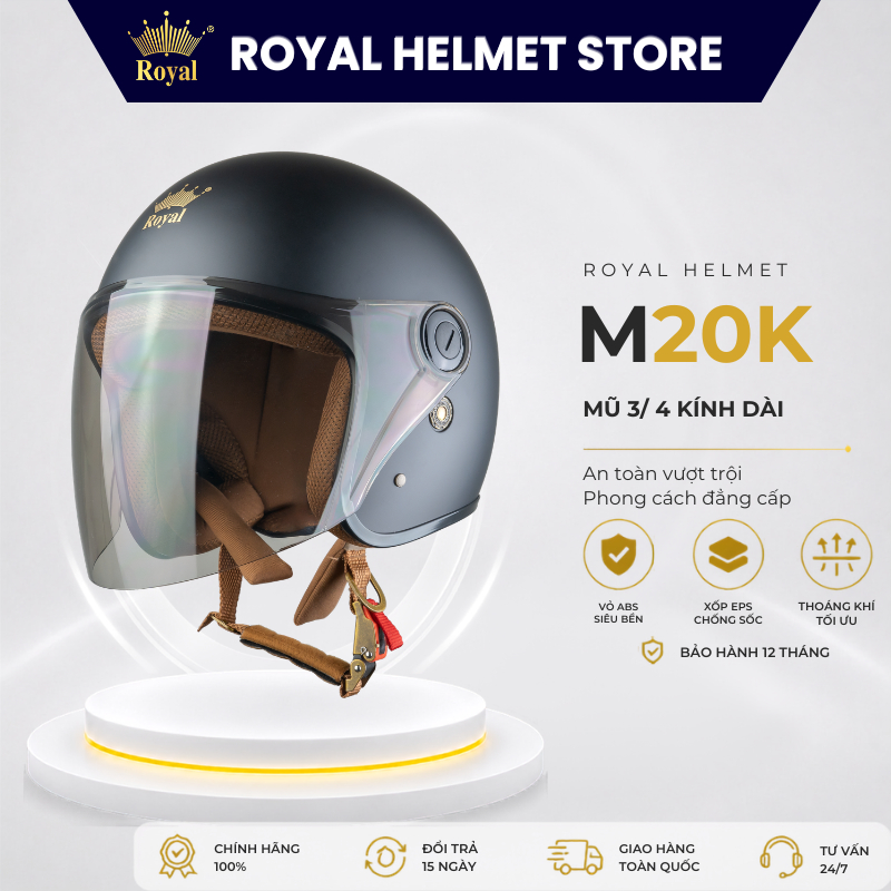 Mũ Bảo Hiểm 3/4 Royal M20K Kính Dài Che Hết Mặt Chính Hãng - Nón Bảo Hiểm Phượt Nam Nữ Cao Cấp