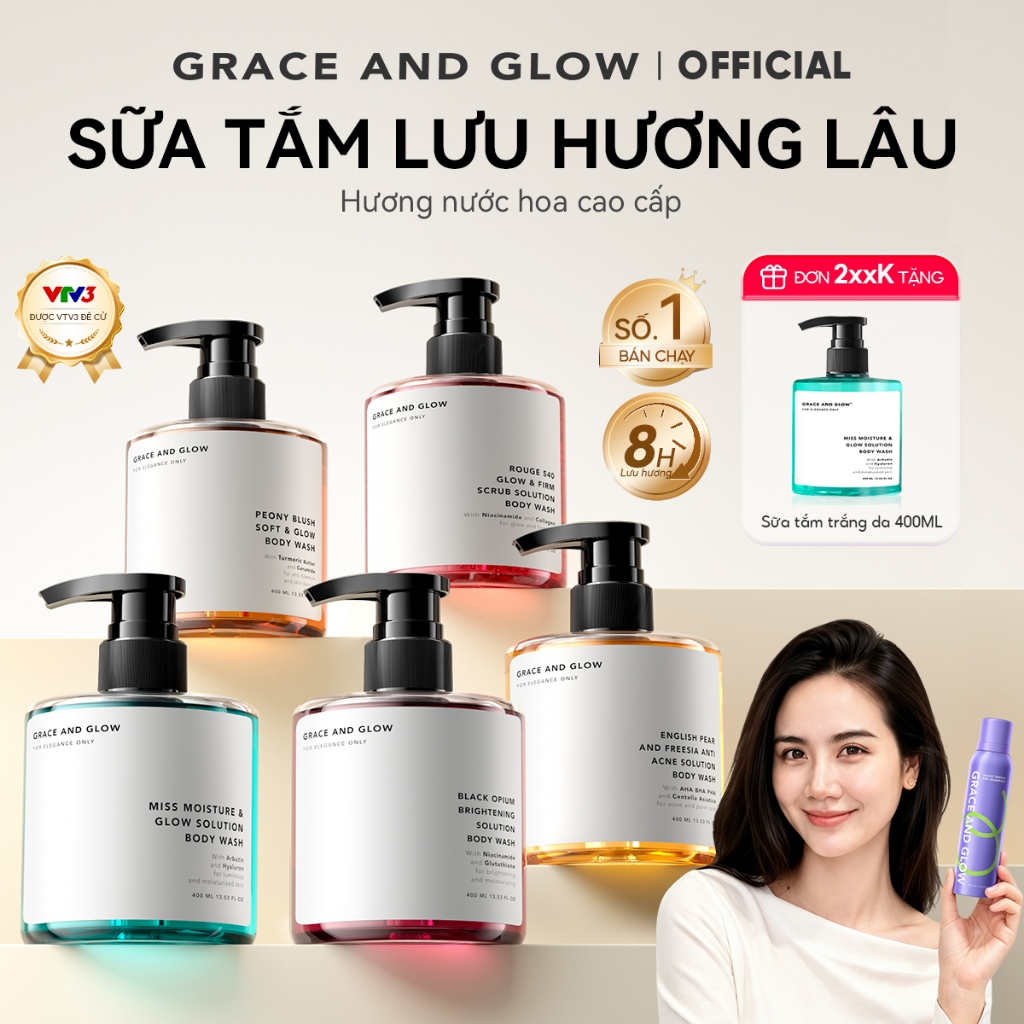Sữa tắm trắng da hỗ trợ dưỡng ẩm tẩy da chết Grace and Glow nước hoa Body Wash 400ml Niacinamide lưu